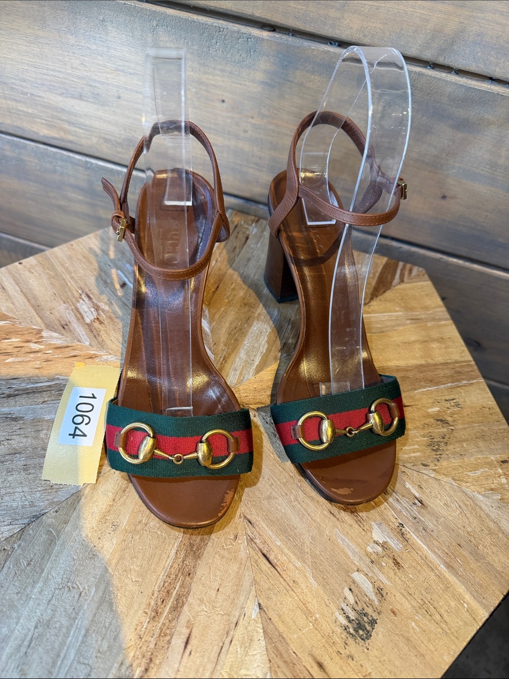 Gucci Brown Leather Block Heel Sandals with Green and Red Web